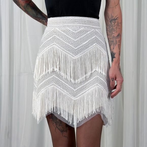 Lulus Dresses & Skirts - Lulus White Sequin Fringe Mini Skirt Size L Party Festival